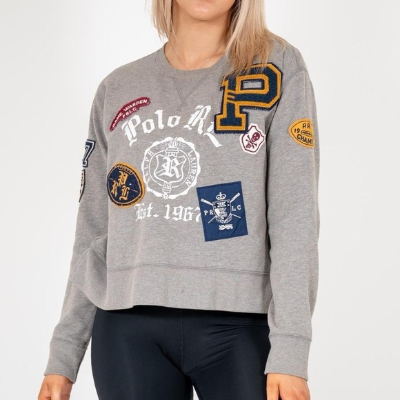 Polo Ralph Lauren Sweaters - Polo Ralph Lauren Varsity Collegiate Patch Fleece Hi Low Cotton Fleece Sweater.